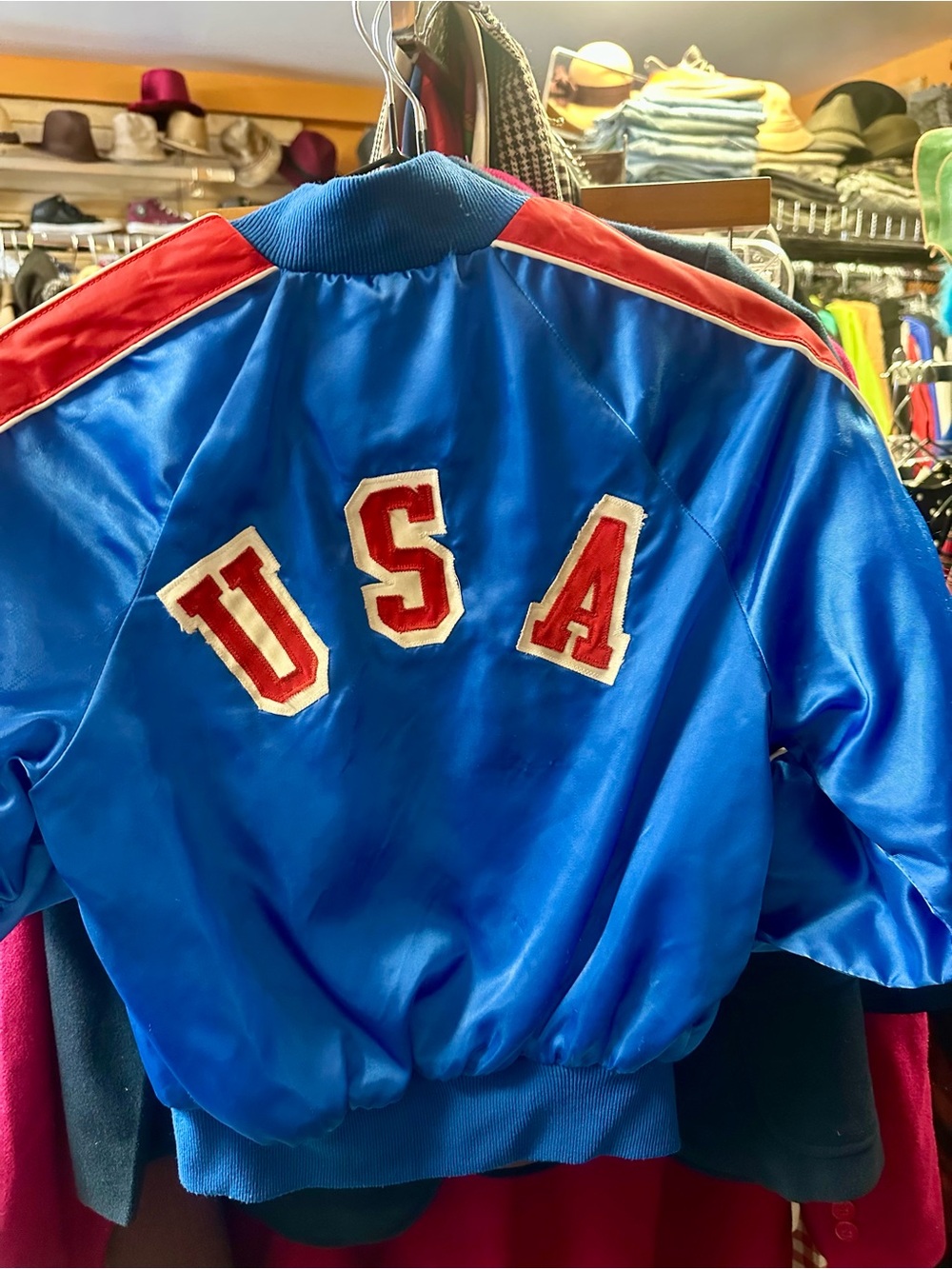 Craft Blue Satin Kids Puffer Jacket with Red Trim and USA Letters
